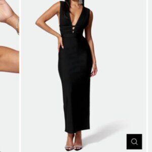 Bebe NWT Caged Cut Out Maxi Gown Plunge Neck Black Sexy Club Party Dress Small